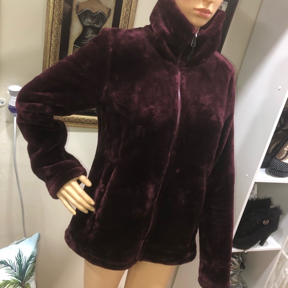 Ideology Burgundy Faux Fur Zip Up Sweater - Picture 3 of 10